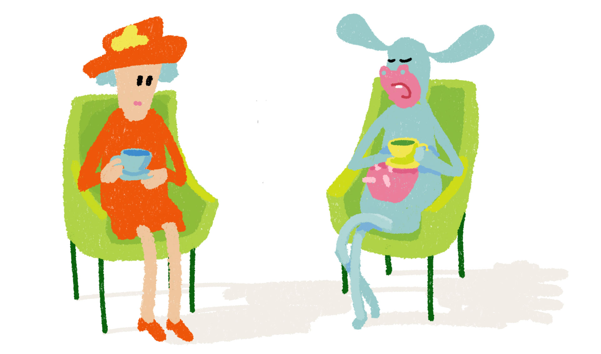 Queen and cow talking over tea